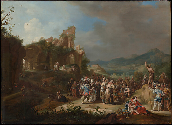 Painting of John the Baptist preaching to a crowd in a rocky landscape