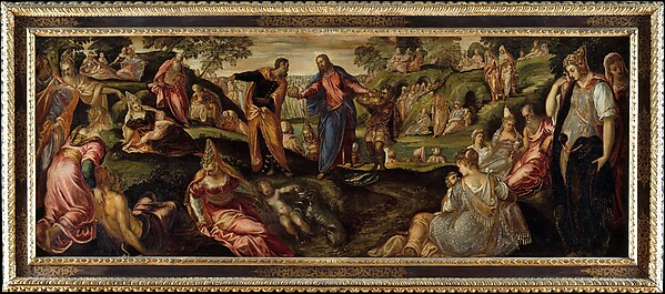 Wide painting of the miracle of the loaves and fishes, a multitude fed across a hillside