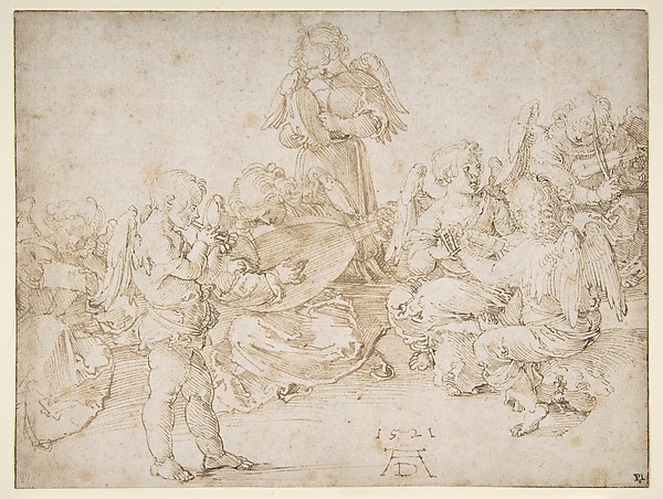 Pen drawing of a company of angels making music, by Albrecht Dürer