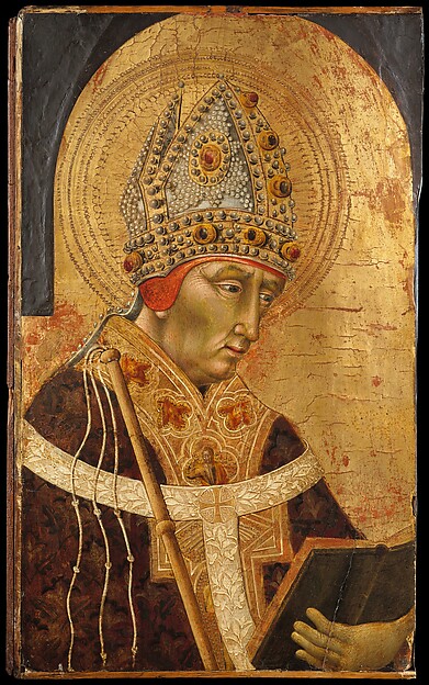 Gold-ground panel painting of Saint Ambrose holding a book, by Giovanni di Paolo